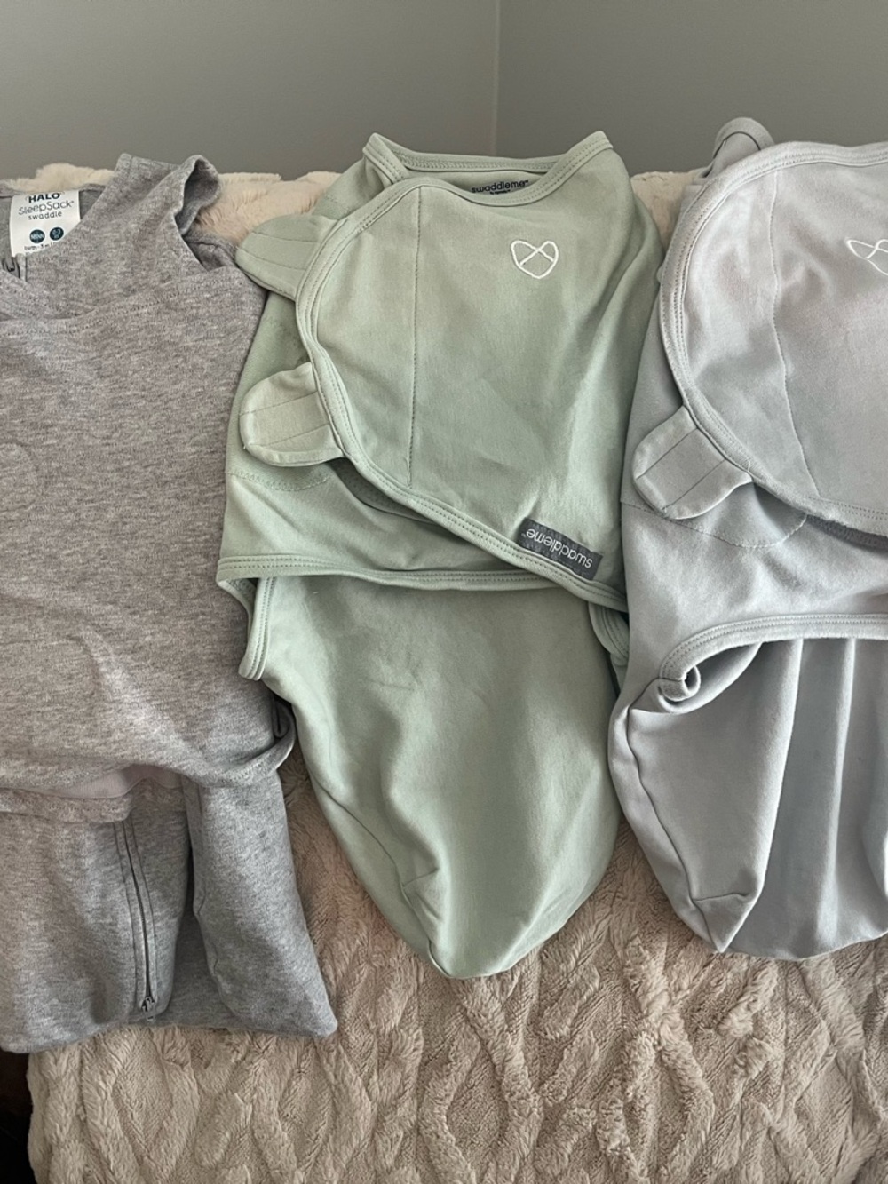 SwaddleMe Baby Wraps in Sage Green and Light Gray; Halo Sleep sack in Gray